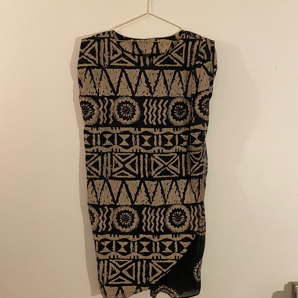Elegant Black and Tan Geometric Dress, Fijian Designer
